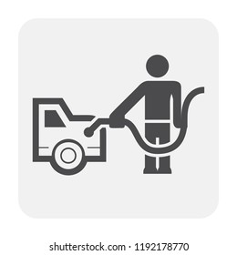 Petrol station worker or staff vector icon. Consist of people, fuel nozzle, hose tube pipe and car to refueling fuel and gas. For petrol station or gas station service vector icon concept design.