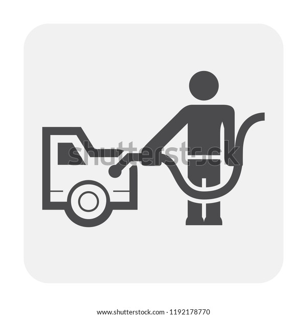 Petrol station worker or staff vector icon.\
Consist of people, fuel nozzle, hose tube pipe and car to refueling\
fuel and gas. For petrol station or gas station service vector icon\
concept design.