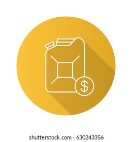 Petrol trade flat linear long shadow icon. Gas station. Petroleum jerrycan with dollar sign. Vector line symbol