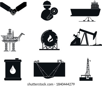 Petroleoum Industry Set Icon: 
Cooperation, Exploration, Oil Tanker, Rig On Offshore, Gas Refinery, Oil Refinery, Process Seismic, Rig In Onshore. 