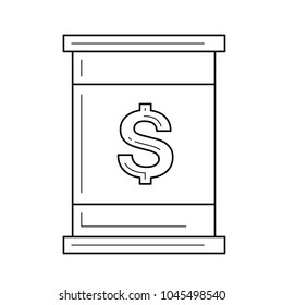 Petroleum barrel with dollar sign vector line icon isolated on white background. Drum of petroleum products line icon for infographic, website or app.