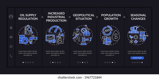 Petroleum costs features onboarding vector template. Responsive mobile website with icons. Web page walkthrough 5 step screens. Oil supply regulation night mode concept with linear illustrations