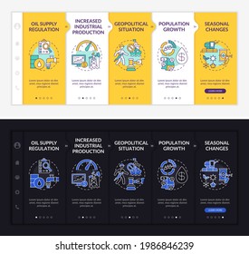 Petroleum costs features onboarding vector template. Responsive mobile website with icons. Web page walkthrough 5 step screens. Seasonal changes night and day mode concept with linear illustrations