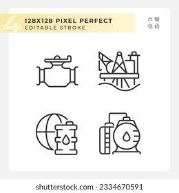 Petroleum distribution linear icons set. Energy infrastructure. Oil and gas industry. Offshore drilling. Customizable thin line symbols. Isolated vector outline illustrations. Editable stroke