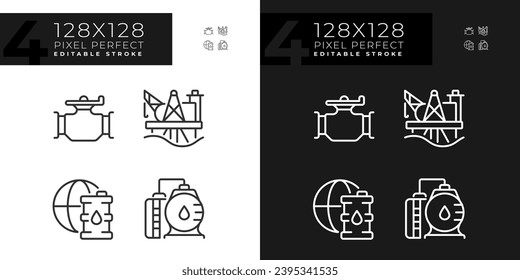 Petroleum distribution linear icons set for dark, light mode. Energy infrastructure. Oil industry. Offshore drilling. Thin line symbols for night, day theme. Isolated illustrations. Editable stroke