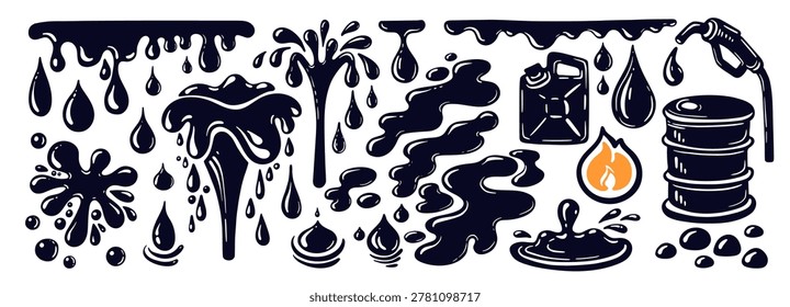 Petroleum drop falling with liquid splash. Fuel canister and barrel symbol for oil industry. Black silhouette vector icon isolated on transparent backdrop. Shape of splash collection