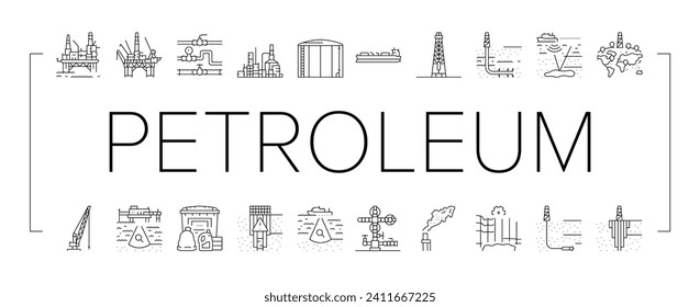 petroleum engineer oil industry icons set vector. energy gas, fuel power, industrial technology, construction factory, plant petroleum engineer oil industry black line illustrations