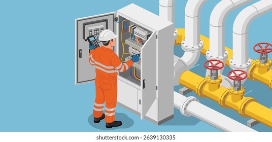 Petroleum engineer operating electrical control panel to monitor gas pipeline system for optimal performance and safety in energy industry facility .