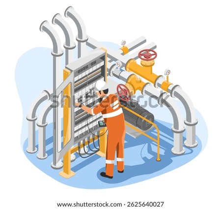 Petroleum engineer operating electrical control panel to monitor gas pipeline system for optimal performance and safety in energy industry facility cartoon