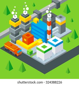 Extracción de petróleo. Ilustración isométrica plana de la refinería de aceite. vector de existencias. 