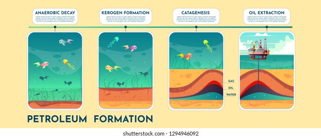 Petroleum Formation Cartoon Vector Infographics With Process Phases On Time Line. Fossil Fuel Formation Because Of Organic Sediments On Ocean Bed, Oil Extraction From Geological Layers Illustration