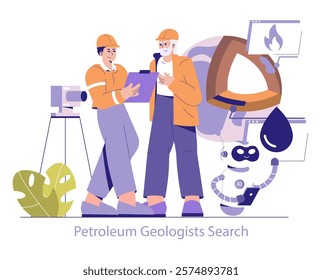 Petroleum Geologists Search concept. Professionals with equipment analyzing oil and gas resources, AI assistance. Exploration and data analysis in energy sector. Vector illustration.