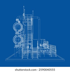 Permutador de calor de petróleo. Renderização vetorial de 3d. Estilo aramado