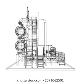 Intercambiador de calentadores de petróleo. Vector de renderizado 3D. Estilo de marco de alambre. Ilustración 3D