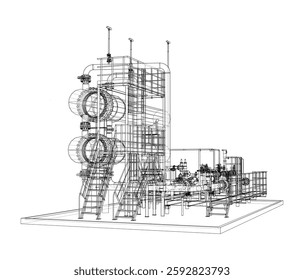 Permutador de calor de petróleo. Renderização vetorial de 3d. Estilo aramado