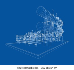 Intercambiador de calentadores de petróleo. Vector de renderizado 3D. Estilo de marco de alambre