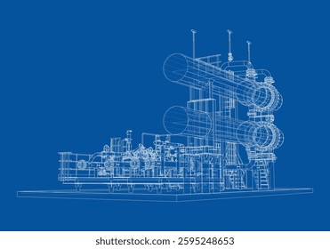 Intercambiador de calentadores de petróleo. Vector de renderizado 3D. Estilo de marco de alambre