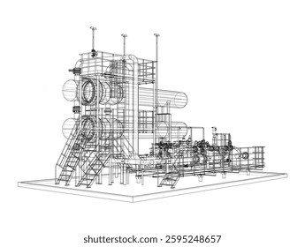 Permutador de calor de petróleo. Renderização vetorial de 3d. Estilo aramado