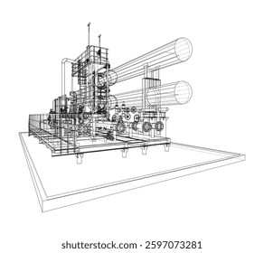 Permutador de calor de petróleo. Renderização vetorial de 3d. Estilo aramado