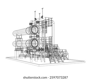 Permutador de calor de petróleo. Renderização vetorial de 3d. Estilo aramado
