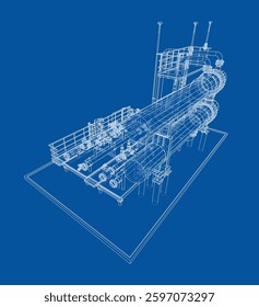 Intercambiador de calentadores de petróleo. Vector de renderizado 3D. Estilo de marco de alambre