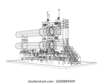 Intercambiador de calentadores de petróleo. Vector de renderizado 3D. Estilo de marco de alambre