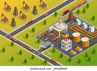 Petroleum industrial refinery plant facility for processing crude oil in gasoline and diesel fuel isometric poster vector illustration 