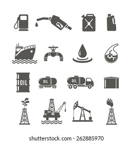 Petroleum industry black icon set with fuel tanker transportation terminal drilling well isolated vector illustration