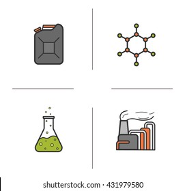 Petroleum industry color icons set. Gasoline canister, molecular structure, chemical reaction and factory. Industrial pollution. Vector isolated illustrations