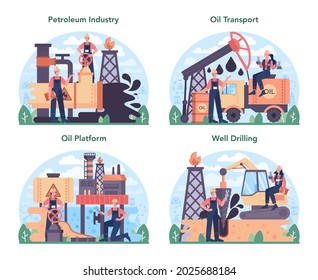 Petroleum industry concept set. Pumpjack platform extracting crude oil from the bowels of the earth. Oil production business. Isolated flat vector illustration