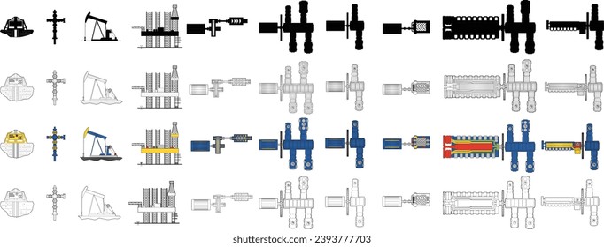 Petroleum industry drawing showing symbols of wellhead, christmas tree, pump jack, jackup rig, and natural gas compressor trains (motor and reciprocating engines driving compressors)