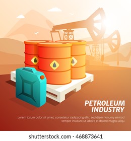 Petroleum industry facilities composition isometric poster with oil storage tanks canisters and containers background vector illustration  