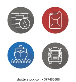 Petroleum industry flat linear long shadow icons set. Oil barrels and gasoline jerrycan, cargo ship and petrol transportation tank truck. Vector
