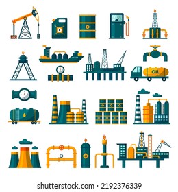 Industria petrolera. Producción industrial de gasóleo depósito de combustible Válvulas técnicas y equipo de tuberías reciente vectores Iconos planos