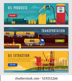 Petroleum industry horizontal banners set with oil products transportation and extractive equipment isolated vector illustration