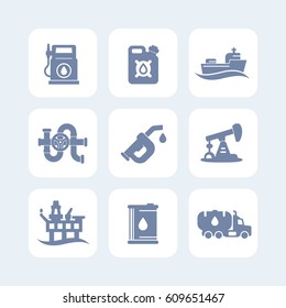 Petroleum industry icons set, gas station, petrol canister, gasoline nozzle, barrel, oil production platform, rig, derrick, tanker ship