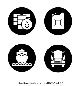 Petroleum industry icons set. Oil barrels and gasoline jerrycan, cargo ship and transportation tank truck. Vector white silhouettes illustrations in black circles