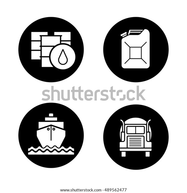Petroleum industry icons\
set. Oil barrels and gasoline jerrycan, cargo ship and\
transportation tank truck. Vector white silhouettes illustrations\
in black circles
