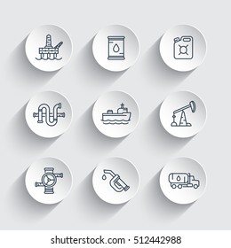 Petroleum industry line icons, gasoline nozzle, barrel, oil and gas production platform, petrol canister, rig, derrick, tanker ship, vector illustration