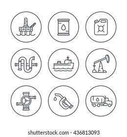 Petroleum industry line icons, oil rig, derrick, pipeline, barrel, drilling platform, oil tanker, petrol can, vector illustration