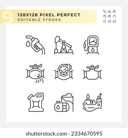 Petroleum industry linear icons set. Oil and gas production. Pipeline transport. Fossil fuel. Customizable thin line symbols. Isolated vector outline illustrations. Editable stroke