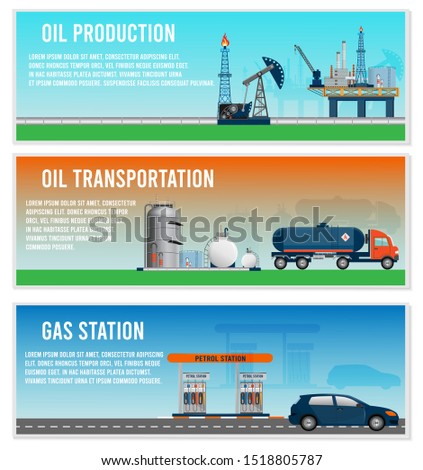 Petroleum industry segments horizontal banners set with oil production, transportation, and gas station. vector illustration EPS 10
