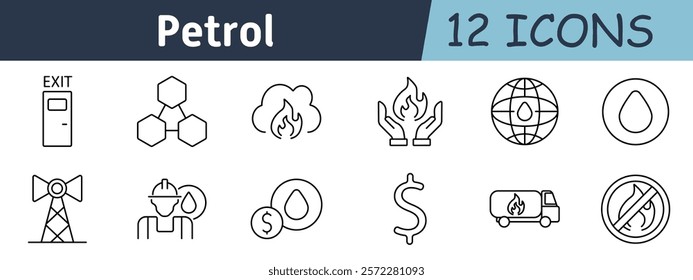 Petroleum industry set icon. Fuel pump, molecule diagram, flame, safety hands, global energy, oil drop, pipeline, worker, pricing, transportation, fire protection