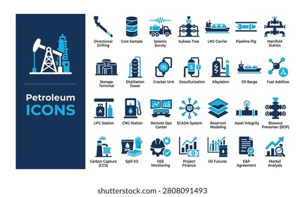 Petroleum, industry, vector, icon, set, power, oil, gas, drilling, production, refining, transportation, finance, technology, flat, energy, business, illustration, collection, design