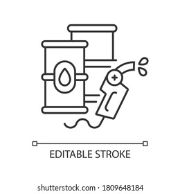 Icono lineal del petróleo. Industria petroquímica, el mercado de la energía, delgada línea de ilustración personalizable. Símbolo de contorno. Barriles con materiales crudos vectores de dibujo de contorno aislado. Trazo editable