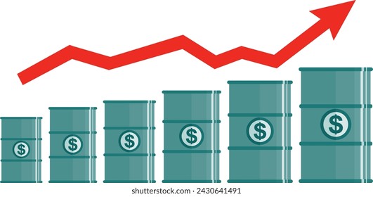 Petroleum Metal Barrel with Dollar Sign and Graph with Trend Line Rising Up in Flat Style. Vector Illustration