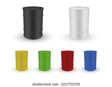 Petroleum and oil colored drums set realistic vector illustration. Metallic barrels for gas gasoline storage and carrying. Chemical fuel petrol liquid toxic resource industrial container can canister