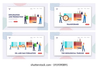 Petroleum Oil Gas Formation Landing Page Template Set. Scientists Characters Presenting Time Line Of Fossil Fuel Organic Sediments On Ocean Bed Geological Layers. Cartoon People Vector Illustration.