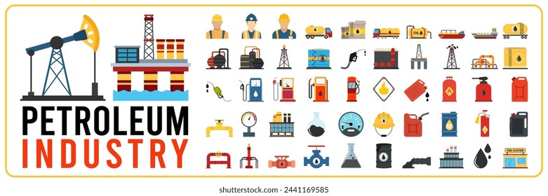 Icono de la industria petrolera y petrolera con ilustración vectorial de fábrica. Icono industrial y elemento en vector de diseño plano. Conjunto de iconos de la industria petrolera