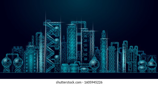 Petroleum oil refinery complex low poly business concept. Finance economy polygonal petrochemical production plant. Petroleum fuel industry downstream. Ecology solution blue vector illustration